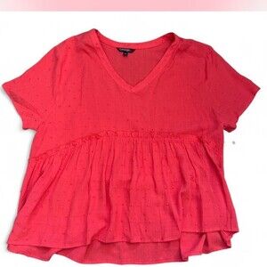 George Blouse Womens Size L Pink Swiss Dot Peplum V-Neck Short Sleeve